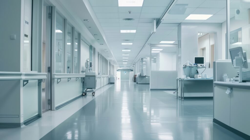 Clean and organized hospital interior with medical supplies.