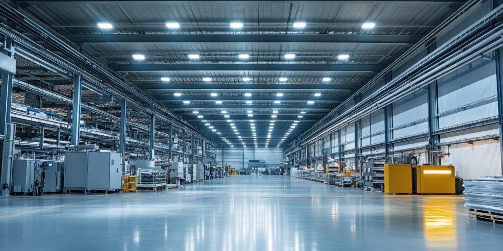 Spacious industrial warehouse with bright LED lights and clean floors, designed for storage and manufacturing processes.